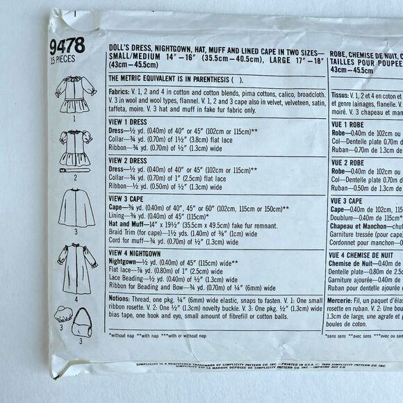 Vtg 80s Simplicity 9478 Doll Clothes Sewing Pattern 14"-18" Cape Muff Nightgown - Picture 2 of 3